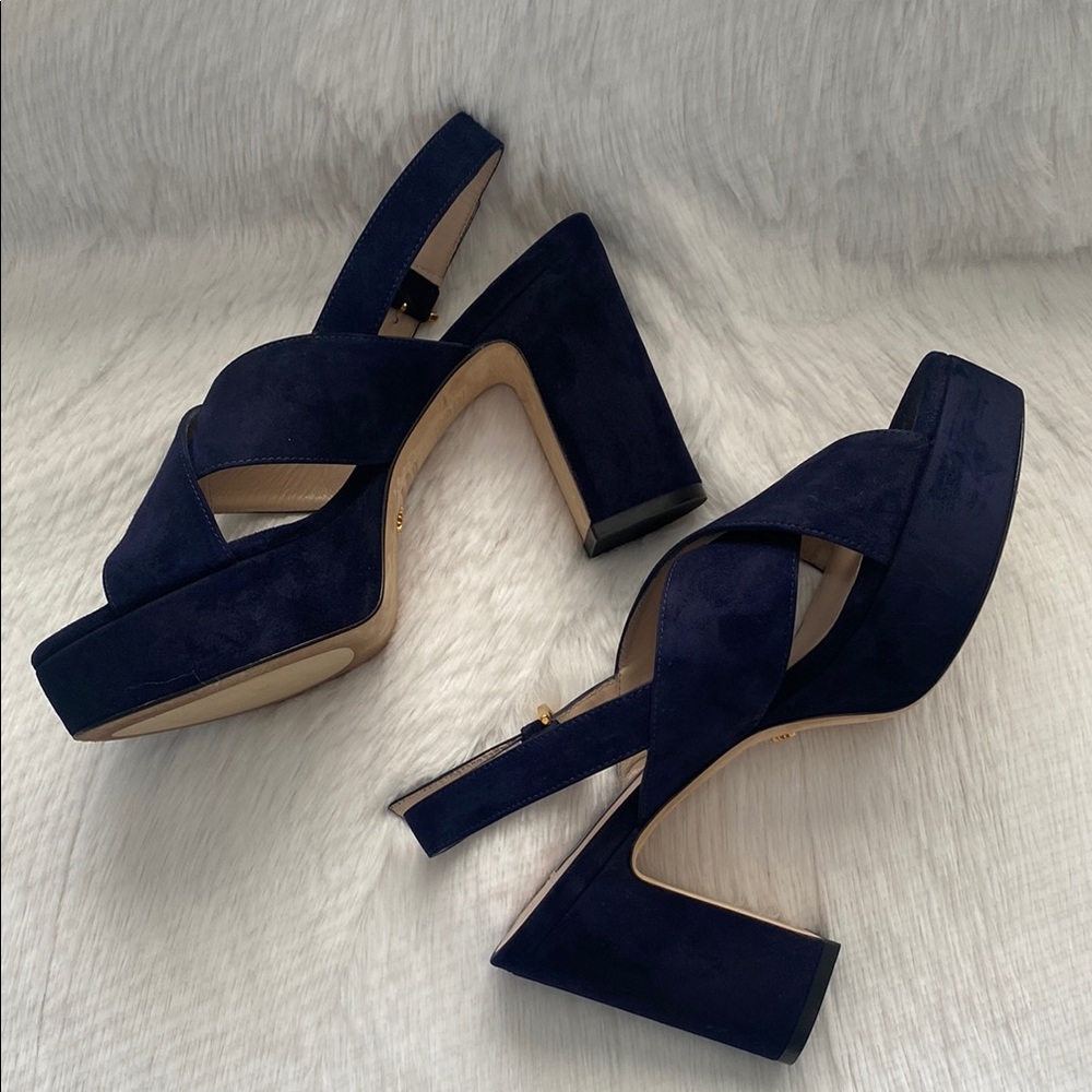 Stuart Weitzman Jerry Navy Blue Platform Slingbacks Suede Sandals